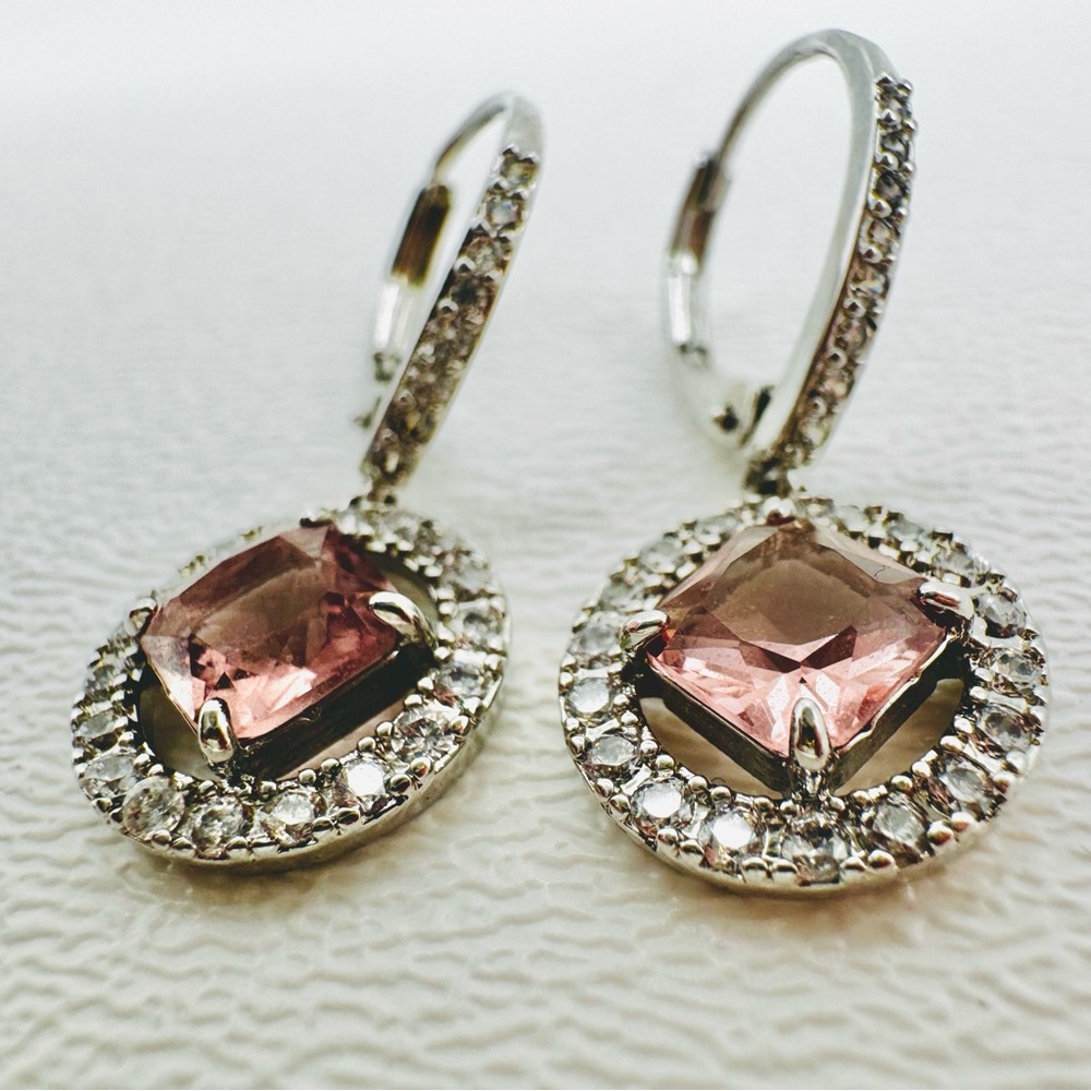 Bomb Party Lab Created Pink Brown Amethyst Rhodium Lever Back Drop Earrings NWOT